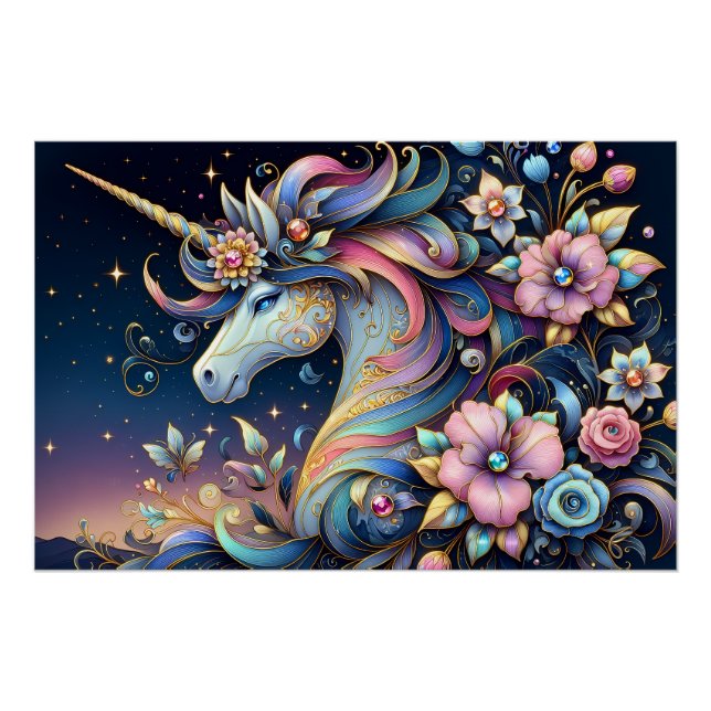 Floral Unicorn Night Fantasy Poster (Front)