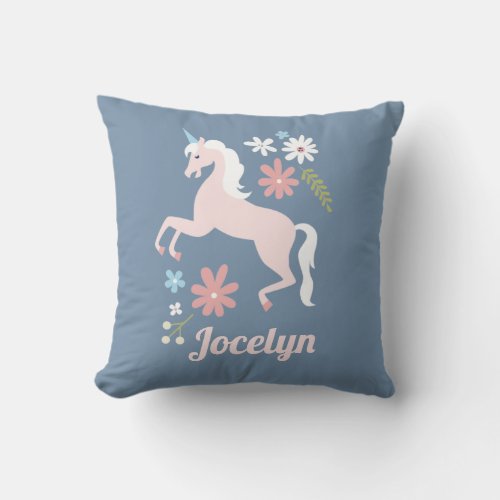 Floral Unicorn on Steel Blue Throw Pillow