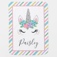 Floral Unicorn & Pastel Stripes Baby Name Baby Blanket