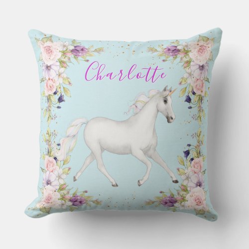 Floral Unicorn Personalized Girl  Throw Pillow
