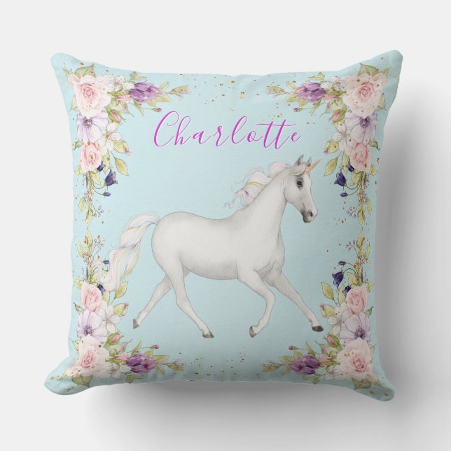 Floral Unicorn Personalized Girl  Throw Pillow (Front)