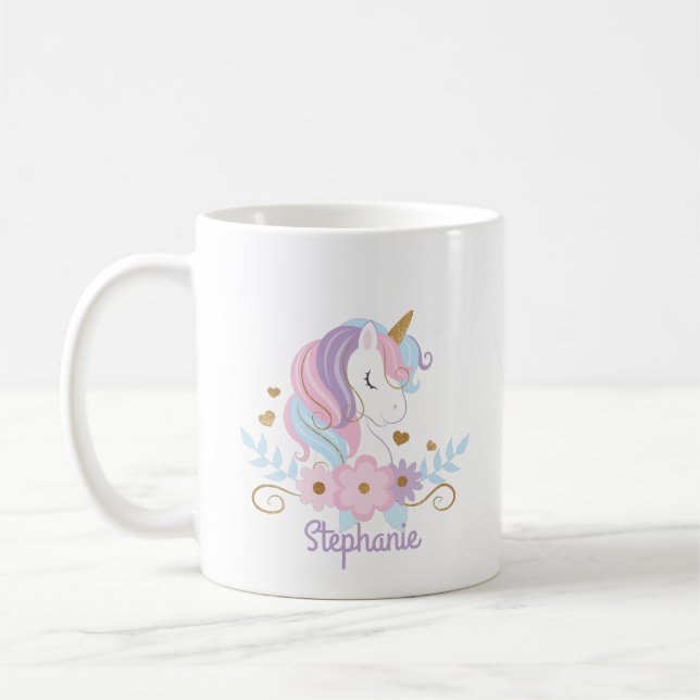 Floral Unicorn Personalized Name Cute Coffee Mug (Left)