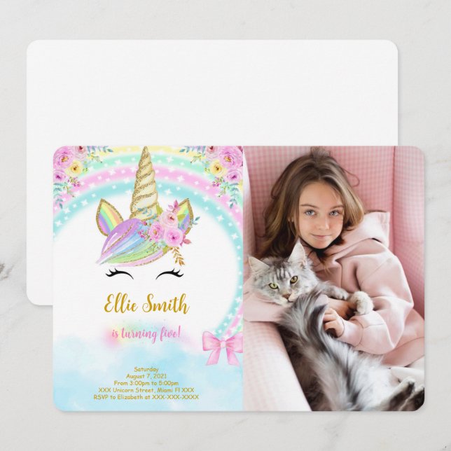 Floral Unicorn Photo Invitation (Front/Back)