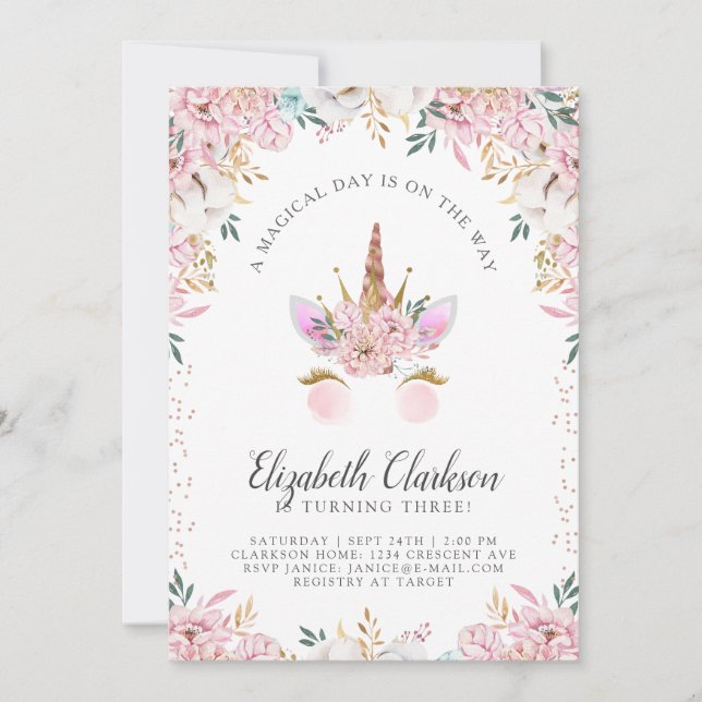 Floral Unicorn Princess Birthday Invitation (Front)