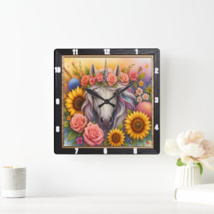 Floral Unicorn Rainbow Forest Square Wall Clock
