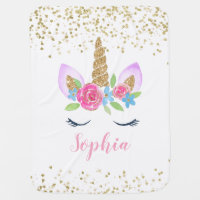 Floral Unicorn Rainbow Gold Glitter Personalized Baby Blanket