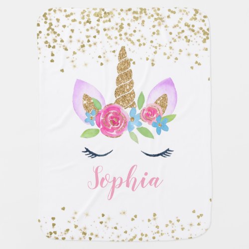 Floral Unicorn Rainbow Gold Glitter Personalized Baby Blanket
