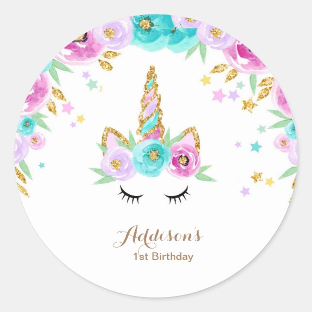 Floral unicorn stickers for parties (Front)
