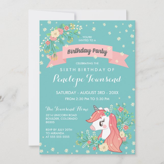 Floral Unicorn Turquoise Birthday Party Invitation (Front)
