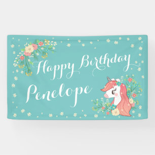Floral Unicorn Turquoise Happy Birthday Custom Nam Banner