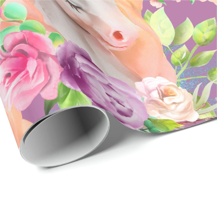 Floral Unicorns on Purple Wrapping Paper Zazzle