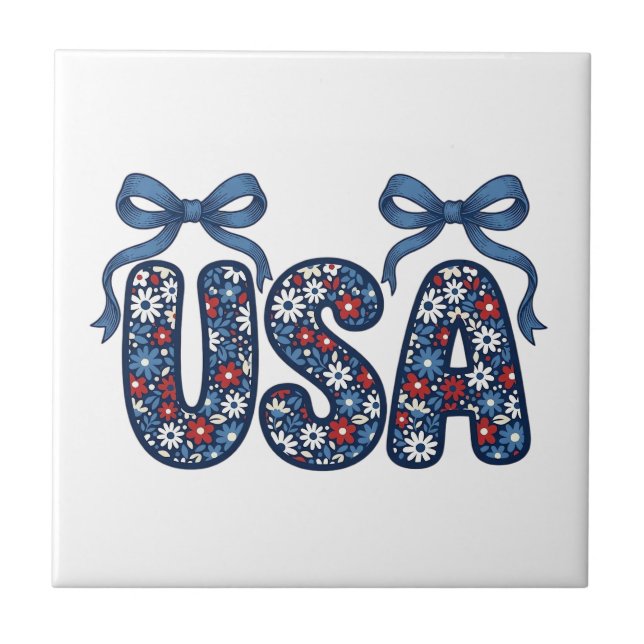 Floral USA Bow Patriotic Vector Design_1 Ceramic Tile (Front)