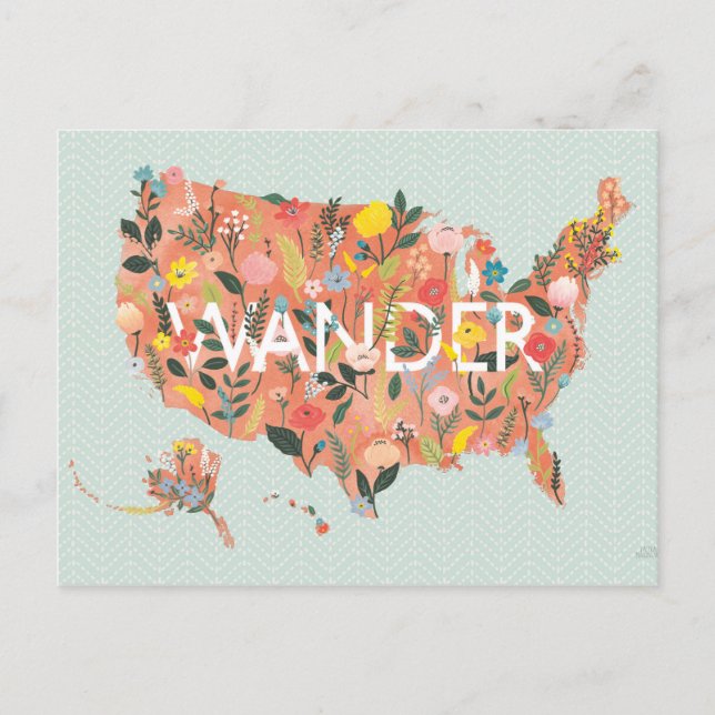 Floral USA Map - Wild Garden Postcard (Front)