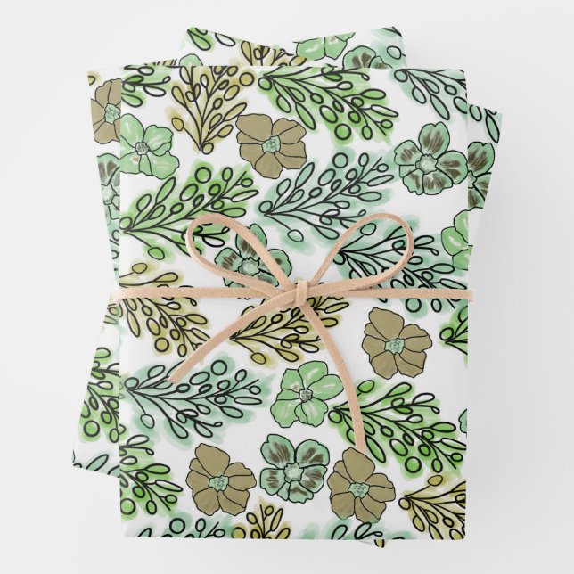 Floral Valencia Green Beige     Wrapping Paper Sheets (In situ)