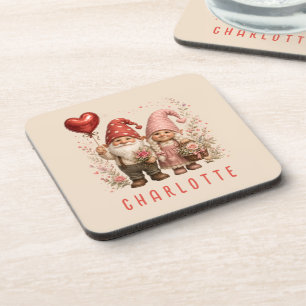 Floral Valentine Gnomes Custom Beverage Coaster