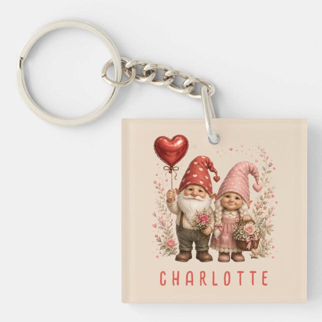 Floral Valentine Gnomes Custom Keychain (Front)