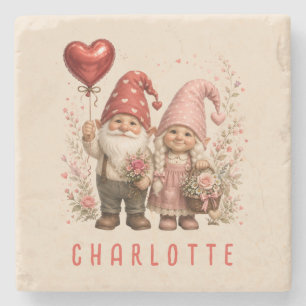 Floral Valentine Gnomes Custom Stone Coaster