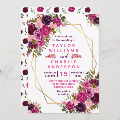 Floral Valentine Pink Purple Geometric Wedding Invitation