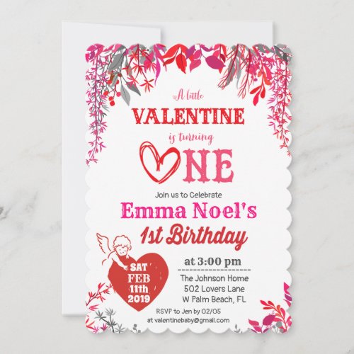 Floral Valentines Day 1st Birthday Invitation