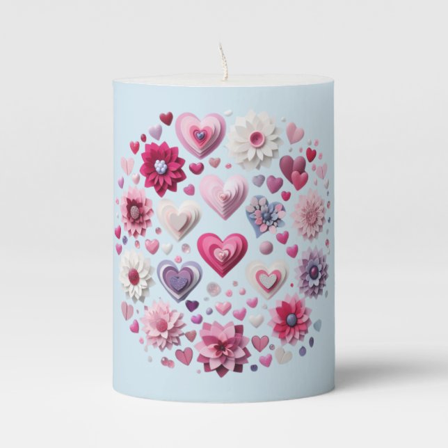 Floral Valentine's Day heart Pillar Candle (Front)