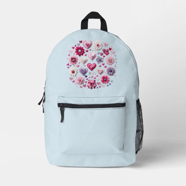 Floral Valentine's Day Heart Printed Backpack (Front)