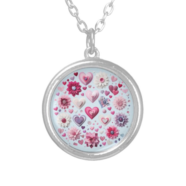 Floral Valentine's Day Heart Silver Plated Necklace (Front)