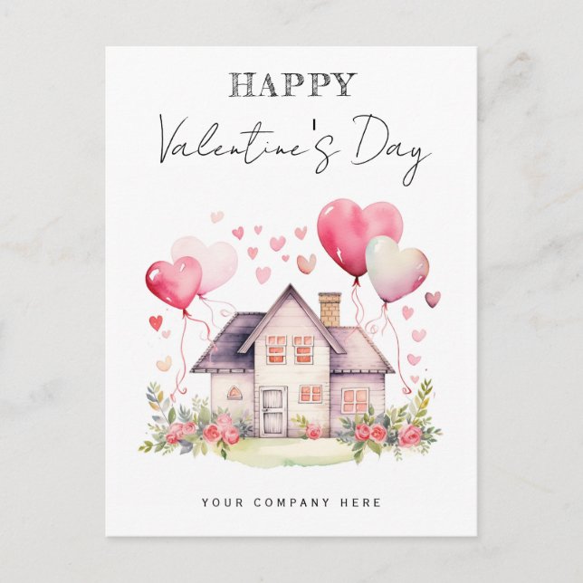 Floral Valentine's Day House with Hearts  Holiday Postcard (Front)