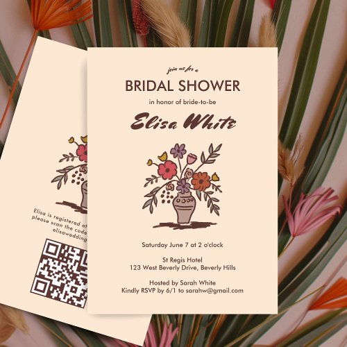 Floral Vase Neutrals Whimsical Bridal Shower QR  Invitation