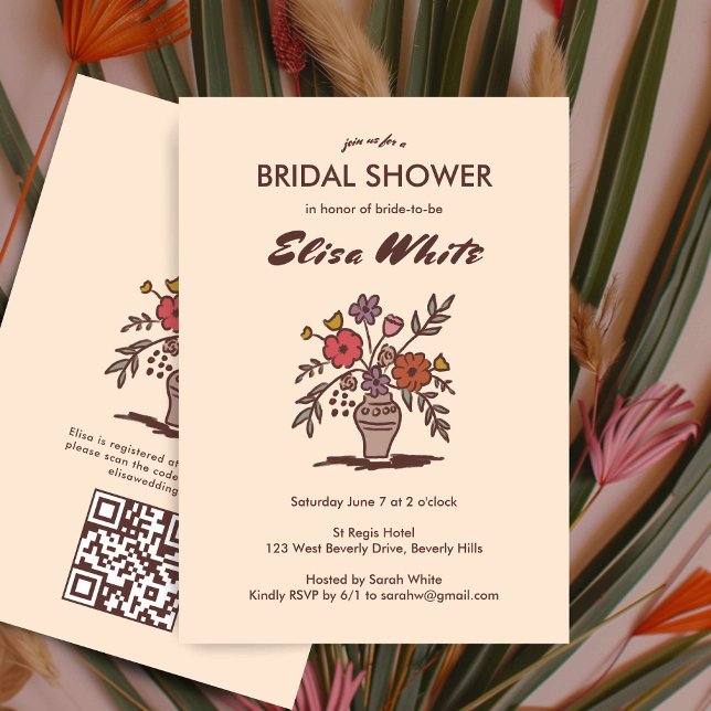 Floral Vase Neutrals Whimsical Bridal Shower QR  Invitation (Floral Vase Neutrals Whimsical Bridal Shower QR Invitation
)