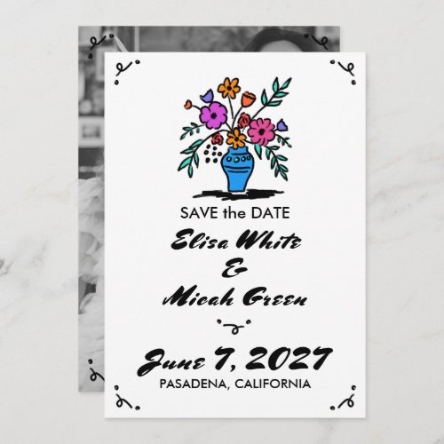 Floral Vase Rustic Whimsical Cute Sketch BW Photo Save The Date