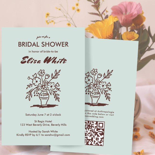 Floral Vase Rustic Whimsical QR Code Bridal Shower Invitation (Floral Vase Rustic Whimsical Custom QR Code Bridal Shower Invitation Earthy Neutrals Sage
)