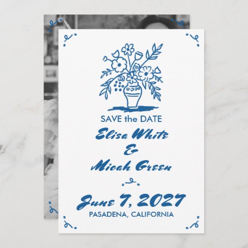 Floral Vase Rustic Whimsical Sketch Blue Photo Save The Date