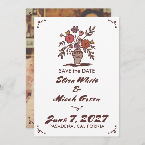 Floral Vase Rustic Whimsical Sketch Custom Photo Save The Date