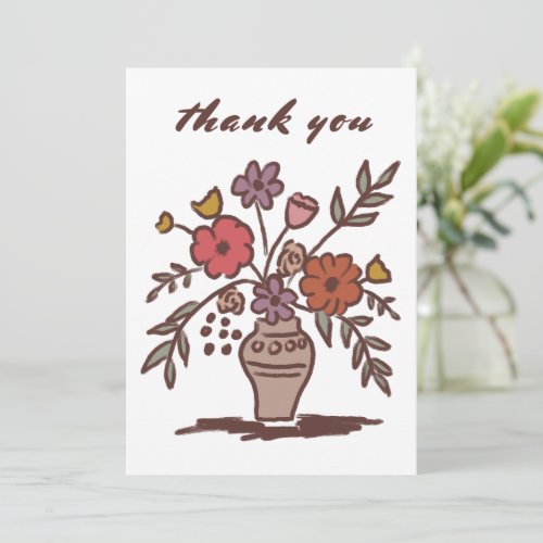 Floral Vase Rustic Whimsical Sketch Neutral Colors Thank You Card