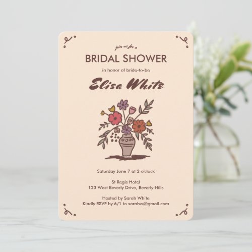 Floral Vase Rustic Whimsical Sketch QR Code Bridal Invitation