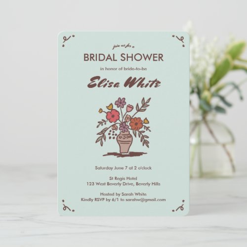 Floral Vase Rustic Whimsical Sketch QR Code Bridal Invitation