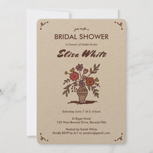 Floral Vase Rustic Whimsical Sketch QR Code Bridal Invitation