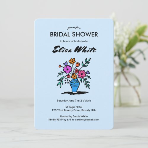 Floral Vase Rustic Whimsical Sketch QR Code Bridal Invitation