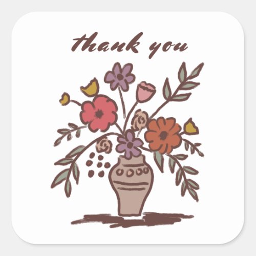 Floral Vase Rustic Whimsical Sketch Thank You  Square Sticker