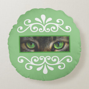 Floral vector cat eyes custom photo on lime green round pillow