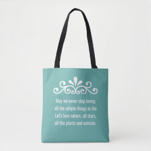 Floral Vector, Nature Love Text on Teal Tote Bag