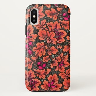 FLORAL/ VERMILLION, PINK, GREEN & BROWN