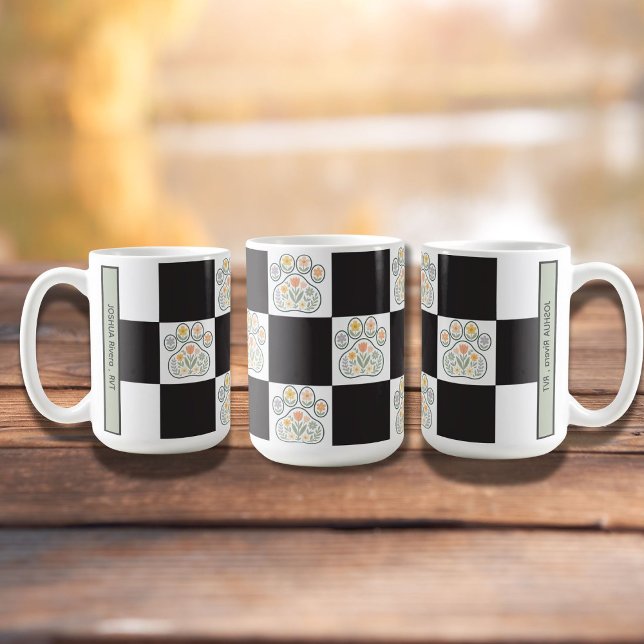 Floral Veterinary Pawprint checkerboard Name Coffee Mug (Creator Uploaded)