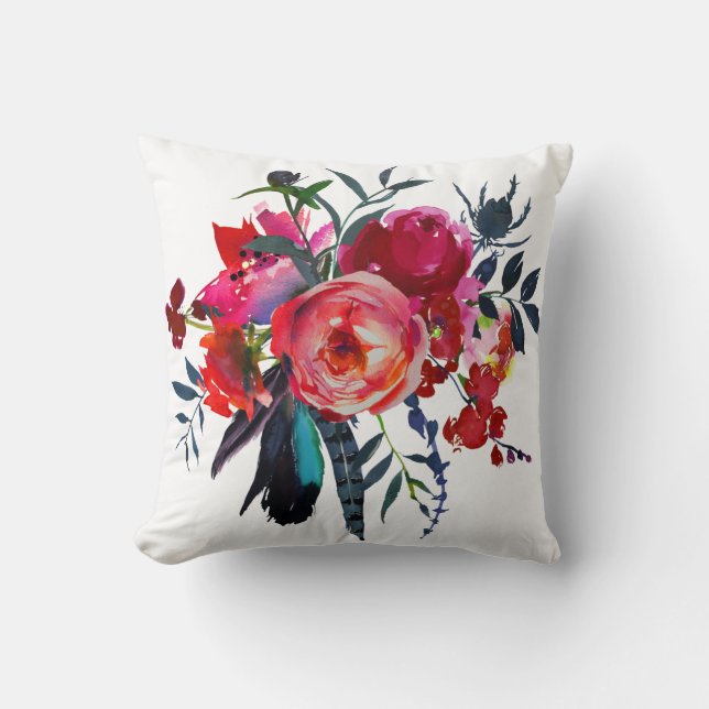 Floral vibrant boho chic red navy bouquet throw pillow (Front)