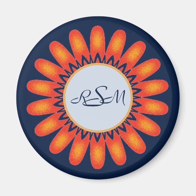 Floral Vibrant Orange Flower Navy Blue Monogram Magnet (Front)