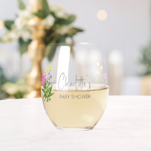 Floral Vibrant Yellow Pink Wildflower Baby Shower Stemless Wine Glass