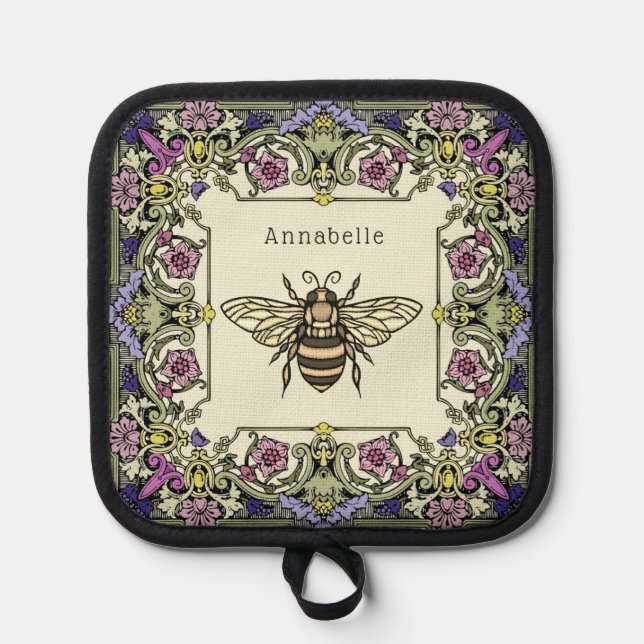 Floral Victorian Bee Personalize Pot Holder (Front)