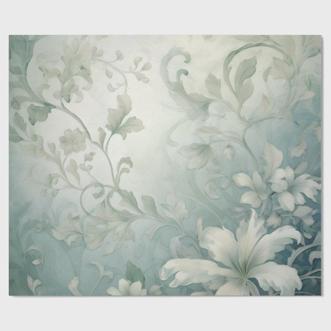 Floral Victorian Blue Gray Elegant Flower Fantasy Wrapping Paper (Flat)
