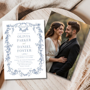 Floral Victorian French Dusty Blue Photo Wedding Invitation