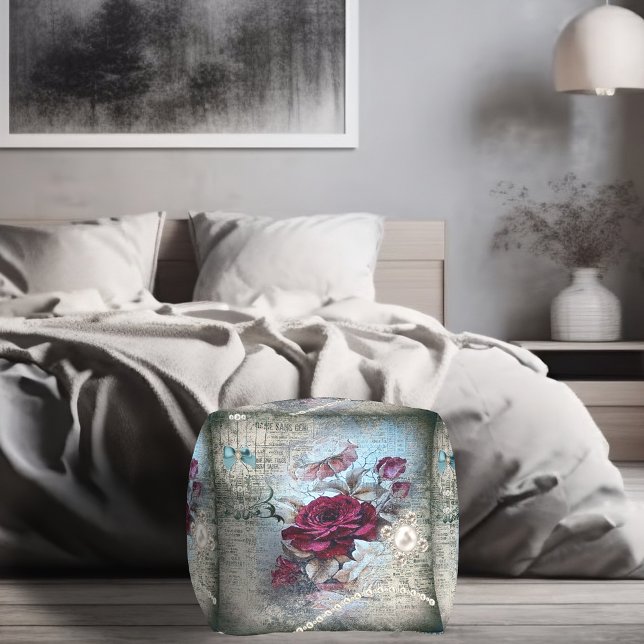 Floral Victorian Rose Ephemera Newsprint Pouf (Creator Uploaded)